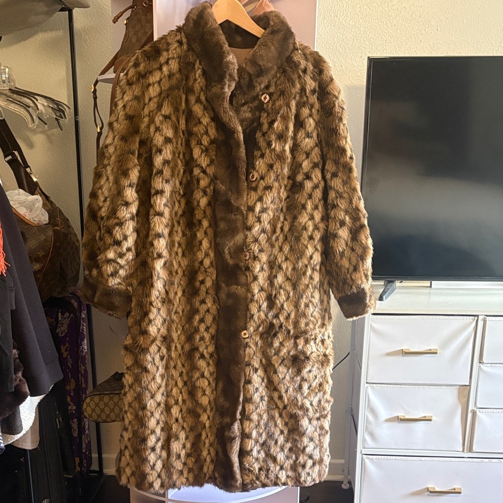 New Beautiful Brown Patterned Faux Fur Full length Coat